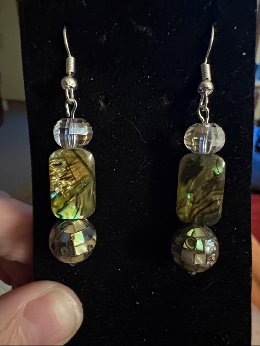 Hand Crafted Iridescent Green and Silver Nacre and AB Crystal Dangle Earrings